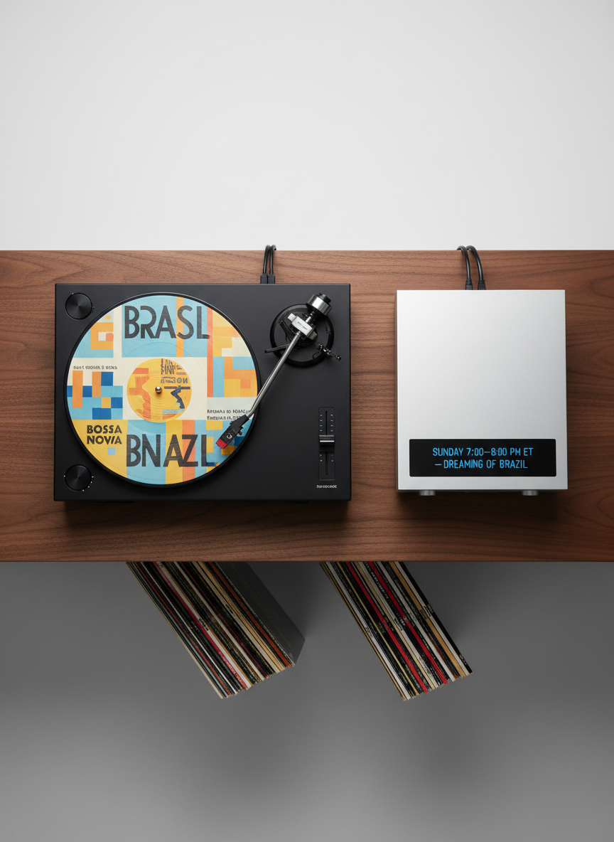 An overhead view of a meticulously arranged turntable setup featuring a high-end black and chrome record player spinning a brightly colored Brazilian bossa nova LP with bold mid-century typography. Beside it, a slim, modern digital tuner displays “Sunday 7:00–8:00 pm ET – Dreaming of Brazil” in cool blue LEDs. The equipment sits on a matte walnut media console with neatly organized vinyl stacks below. Soft, indirect studio lighting creates a smooth, even illumination with subtle highlights on the metal surfaces and rich depth in the wood grain. The composition is clean and balanced, with strong geometric lines and sharp detail across the frame. The atmosphere feels curated, cultured, and urbane, perfectly suited to a sophisticated Brazilian music radio show blog.