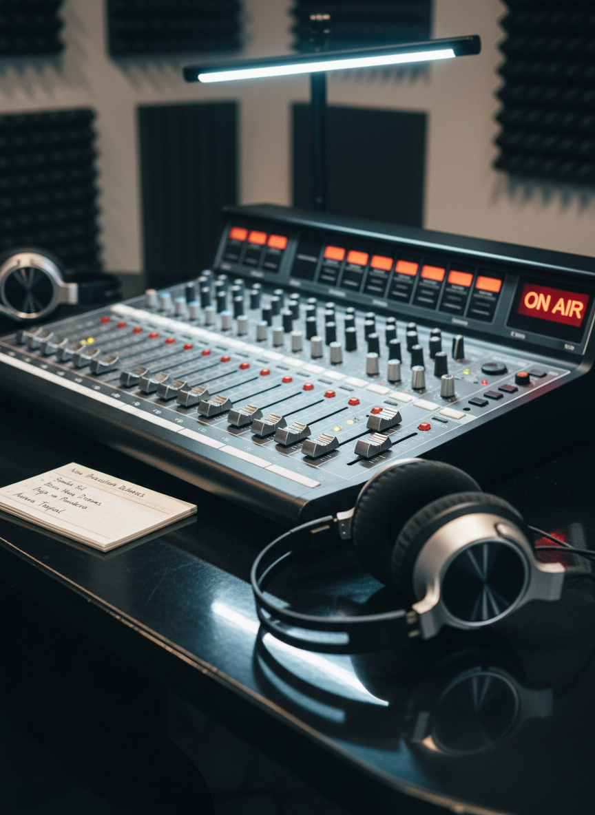A close-up of a glossy radio studio mixing console with faders, knobs, and a glowing “ON AIR” indicator, flanked by two elegant, over-ear studio headphones resting neatly on the desk. A small notepad labeled “New Brazilian Releases” with neatly written track titles sits near the console. Cool, focused LED task lighting from above creates precise highlights on brushed metal surfaces and subtle reflections on the black lacquered desk. The background shows softly blurred acoustic foam panels in muted charcoal tones. Captured from a slightly angled, cinematic perspective with a moderate depth of field, the image feels professional and refined. The photographic realism and modern aesthetic convey a sense of expert curation and serious love for Brazilian music broadcasting.