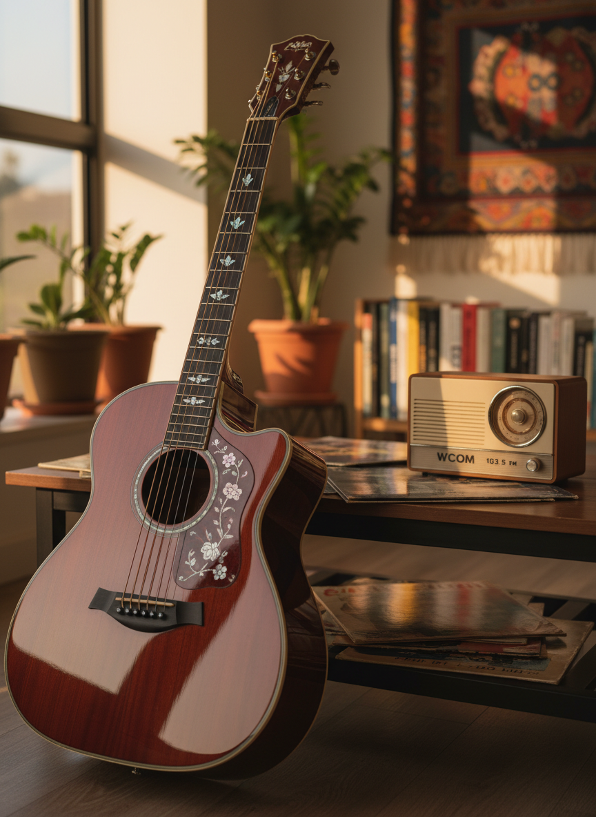 A gleaming rosewood acoustic guitar with intricate mother-of-pearl inlays rests on a low, dark wooden table, its polished surface reflecting subtle highlights. Around it, a scattered arrangement of vintage vinyl records and a small transistor radio marked “WCOM 103.5 FM” hint at a curated Brazilian playlist. Warm, late-afternoon window light washes in from the left, casting long, elegant shadows and gentle reflections on the lacquered wood. Photographed at eye level with a shallow depth of field, the guitar’s sound hole and strings are in crisp focus while the background melts into a soft bokeh. The mood is sophisticated and nostalgic, with photographic realism and a restrained, modern color palette that evokes a refined Brazilian music blog homepage hero image.